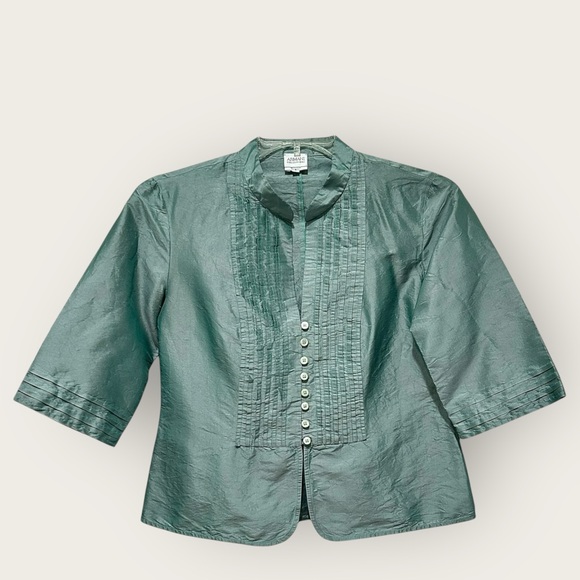 💚 Armani Collezioni Seafoam Silk Pintuck Jacket Blouse | Size 8 - Picture 2 of 6